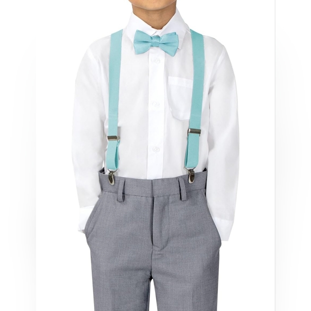 Spring Notion Boys Suspenders Teal Aqua Bowtie 2pc Set M Medium NEW